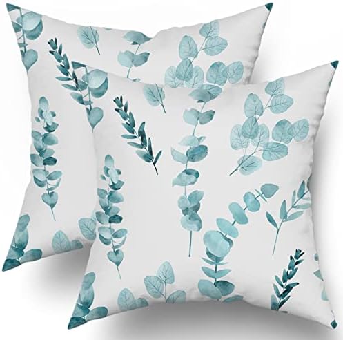 Teal Leaf Throw Pillow Coveras 20X20 Inch Spring Watercolor Eucalyptus