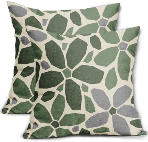 Sage Green Grey Gray Pillow Covers 18x18 Set of 2 Geometric Art Flower