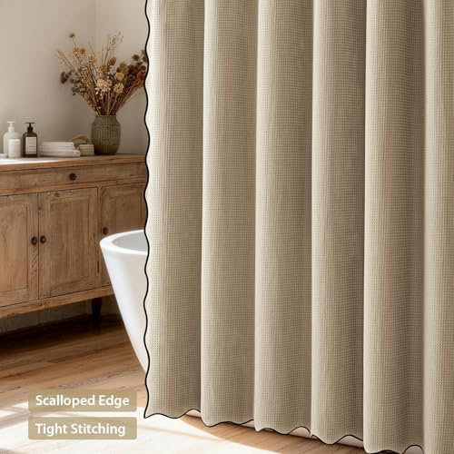 Dynamene Extra Long Scalloped Shower Curtain, Waffle Fabric, 72x84