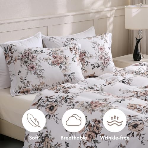 LONAVA Queen Floral 3 Pcs Duvet Cover Set, Breathable Soft Microfiber