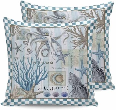 20x20 Pillow Covers Set of 2, Blue Beach Coastal Throw Pillow Covers