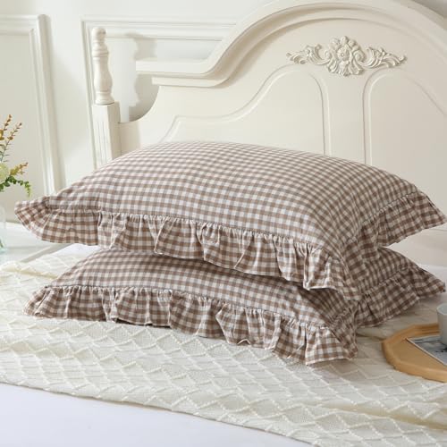 Mywinlle Taupe/White Plaid Ruffle Pillow Shams King Size Set of