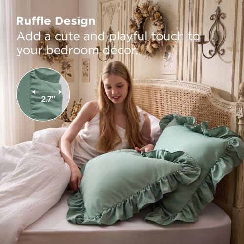 Bedsure Ruffle Pillow Cases Queen Size Set of 2, Green Pillow Shams