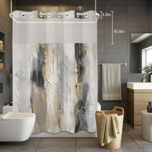 No Hook Grey Beige Abstract Shower Curtain with Snap in Liner Set