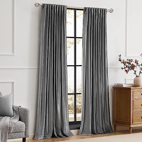 PRIMROSE Dark Grey Velvet Curtains 120 inch Long for Living Room,Set