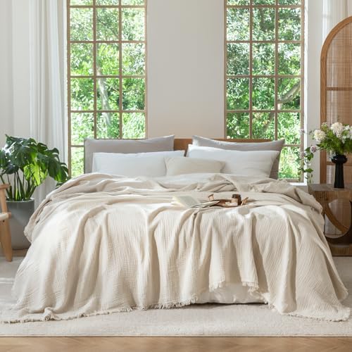 MooMee 100% Cotton Muslin Blanket Fringed 4-Layer Gauze Bed Throw