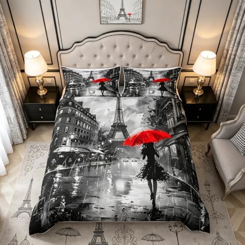 Paris Eiffel Tower Duvet Cover Set Queen Size,Rainy Night Red Umbrella