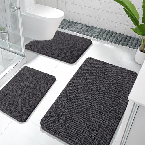 OLANLY Bathroom Rugs Sets 3 Piece, 36"x24"+24"x16"+24"x20", Dark Grey