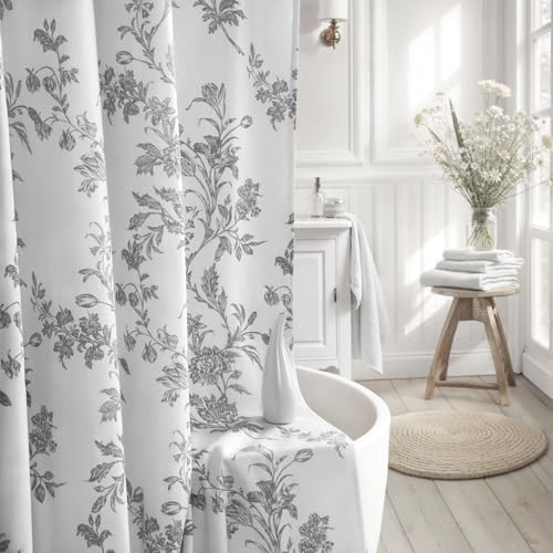 Grey Floral Shower Curtain,Vintage Cotton Cottagecore Gray Shower