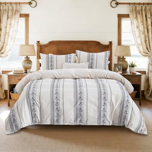 Cotton Linen Duvet Cover King Size, Natural Rose Vine Stripe Textured