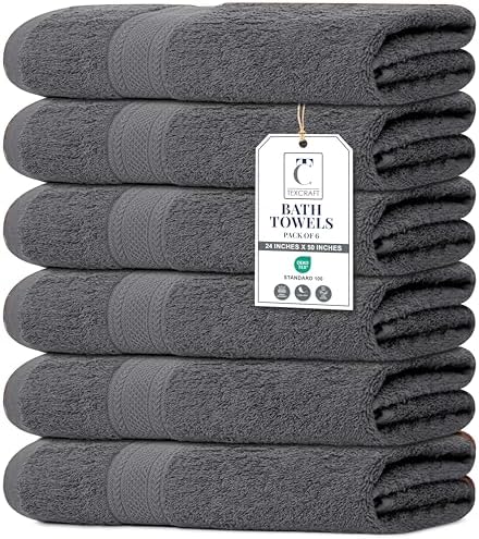 TEXCRAFT Large Bath Towels Set of 6 – 100% Cotton Terry – 24" x 50"