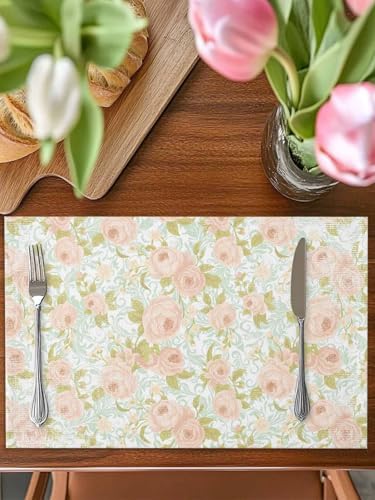 Beige Flowers Placemats for Dining Table Set of 4, Farmhouse Botanical