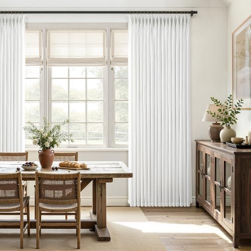 120 Inch Long White Pinch Pleated Linen Curtains 2 Panels Set for