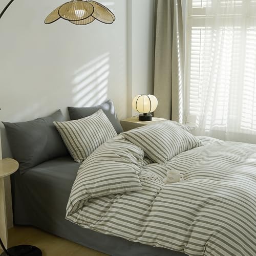 EAVD Retro Green Grey Striped Duvet Cover Set King 100% Washed Cotton