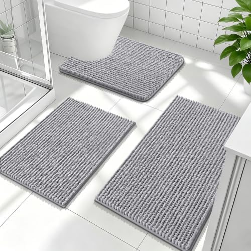 OLANLY Bathroom Rugs Sets 3 Piece, Super Soft Absorbent Chenille Bath
