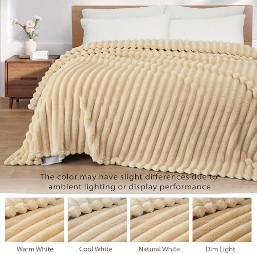 Exclusivo Mezcla Striped King Size Fleece Blanket for Bed, Beige