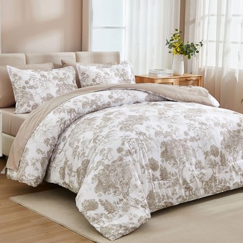 DJY Khaki Comforter Set Full Size,7 Pieces Bed in a Bag Botanical