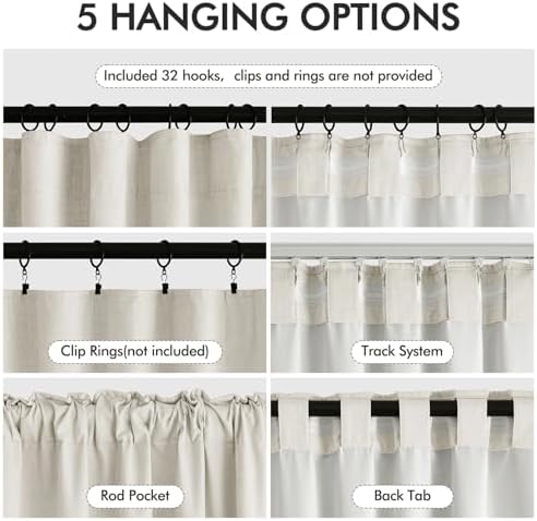 MIULEE 100% Blackout Back Tab Pleat Linen Curtains 50" Wx84 L,Ivory
