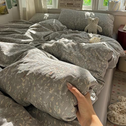 Washed Cotton Bedding Duvet Cover Set, Fresh Floral Bedding 4 Pcs Set