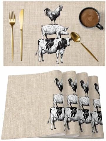 Placemats Set of 8, Farmhouse Wooden Grain Woven Placemat, Linen Place