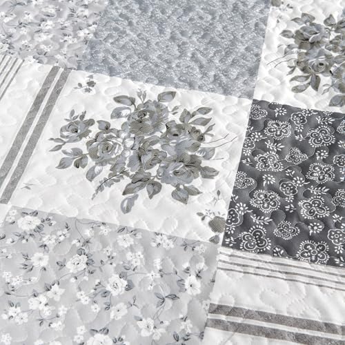 Cmfshape Summer Floral King Bedspread,Romantic Grey Quilt Set