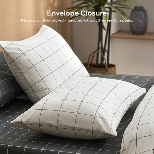 JELLYMONI 100% Cotton Plaid Twin Duvet Cover Set, White