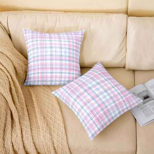 Manfei Gingham Plaid Kids Throw Pillow Cover, Blue Pink, 16"x16"