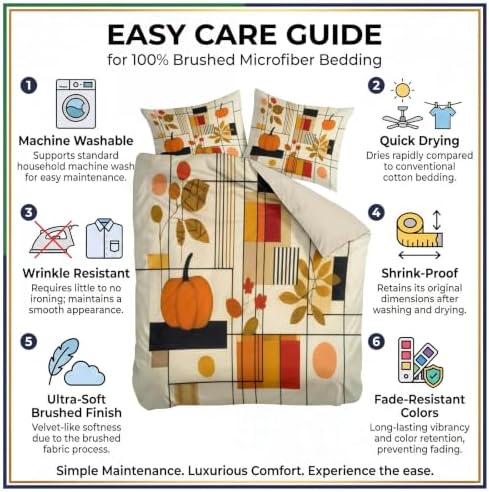 King Duvet Cover Set Geometric Grid Autumn Pumpkin Bedding with