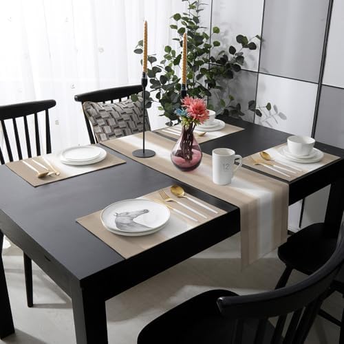 Beige Ombre Striped Table Runner and Placemats for Dining Table,Burlap