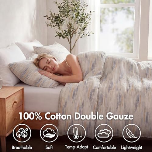 Herside Queen Duvet Cover Set,100% Cotton Double Gauze, Beige Blue