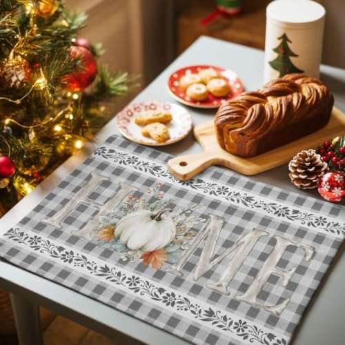 Grey Checked Placemats Set of 8, Cotton Linen Fabric Place Mats