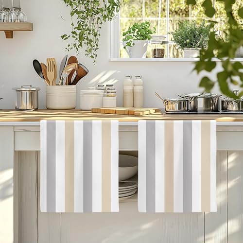 Beige Grey Striped Kitchen Towels Set of 3, Absorbent Microfiber Dish