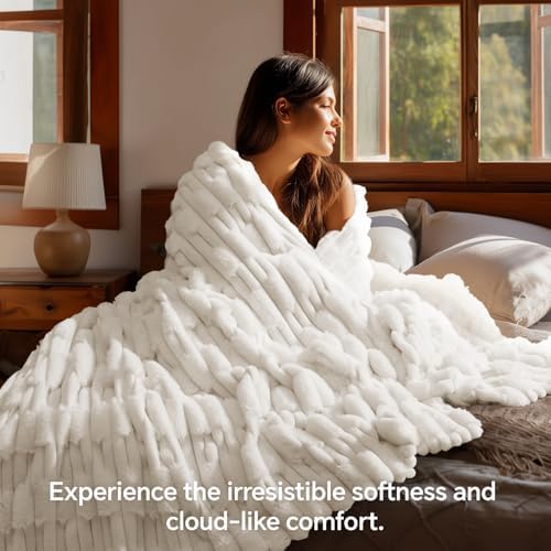 BEDELITE Faux Fur Cream Twin Blanket Soft Plush Striped for Couch