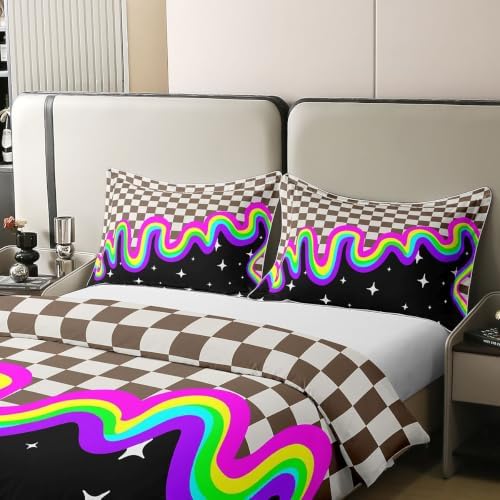 Feelyou Brown Grid Duvet Cover 100% Cotton King Size Geometric Bedding