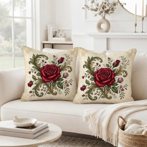 Vintage Red Rose Floral Throw Pillow Covers 18x18 Set of 2
