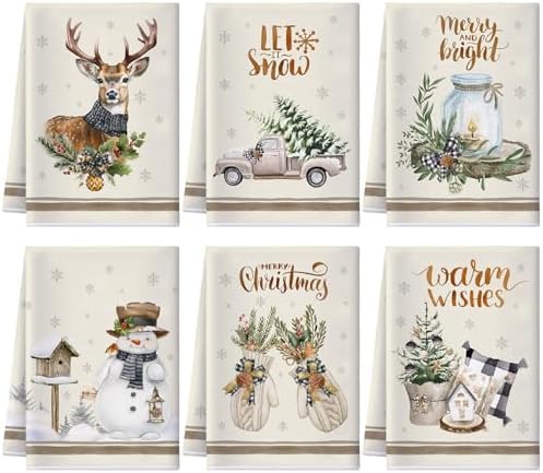6 Pcs Christmas Dish Towels, Vintage Xmas Kitchen Towels, 16 x 24 Inch