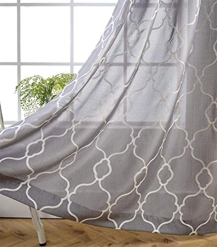 MIUCO Moroccan Embroidery Semi Sheer Curtains Faux Linen Grommet