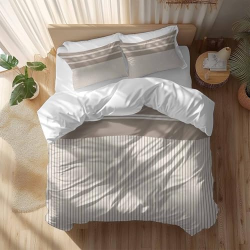 LooPoP Duvet Cover Set Queen Size Beige Stripes Comforter Sets