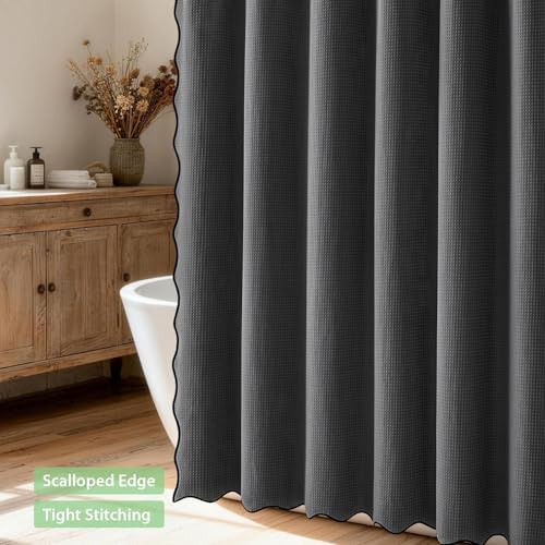 Dynamene Scalloped Shower Curtain, Waffle Fabric, 72x72, Charcoal Grey