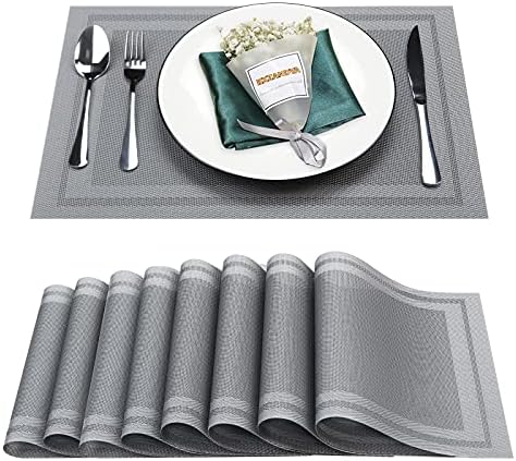 Gray Vinyl Placemats Set of 8,Washable Dining PVC Table Mats
