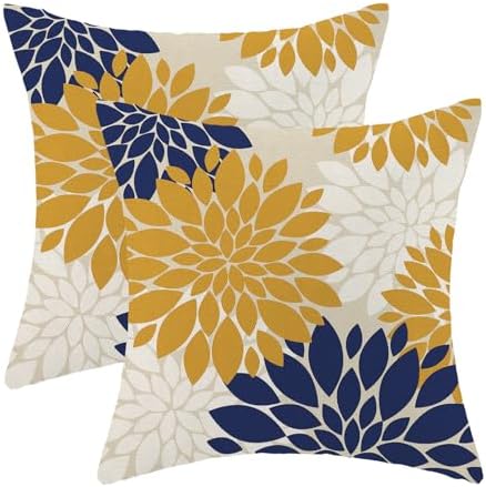 Mustard Yellow Navy Blue Pillow Covers 18x18 Inch Set of 2 White