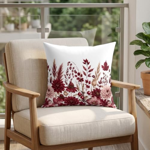 Pillow Covers 18x18 Set of 2, Dark Red Floral Square Throw Pillow