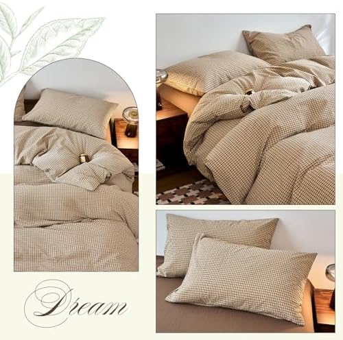 HighBuy Soft Tan & Beige Gingham Duvet Cover Twin Washed Cotton