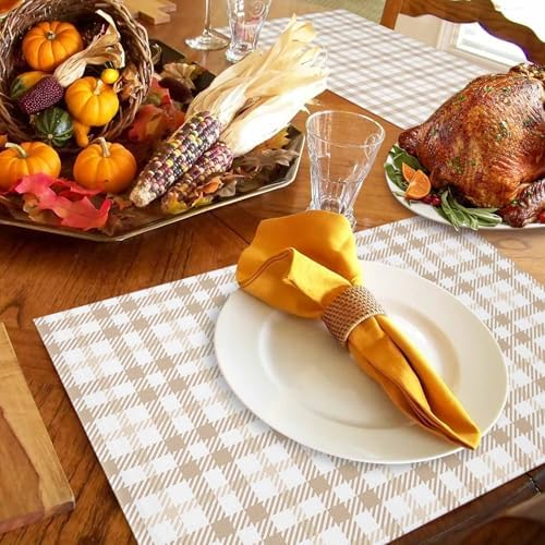 Placemats Set of 8, Farmhouse Pastoral Khaki Tartan Plaid Washable