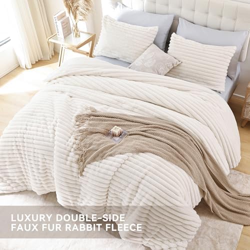 Smoofy Fluffy King Size Comforter 3 PCS - Cream White Fleece Bedding
