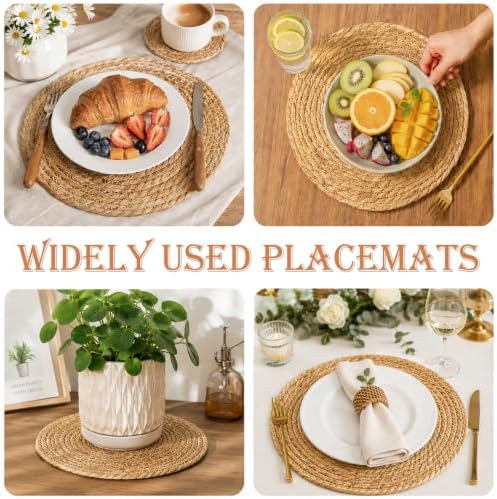Set of 8 Round Woven Placemats, 13 Inch Rattan Chargers for Dinner