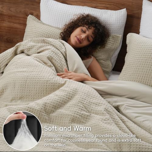 PHF Ultra Soft Waffle Comforter Set 3 Pieces California King, Linen