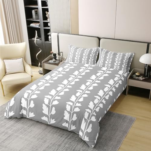 Erosebridal Grey White Floral Leaves Duvet Cover Set Farmhouse