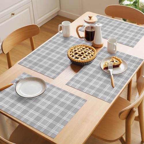 Gray Grid Placemats Set of 8, Minimalist Slate Grey Plaid Stripes