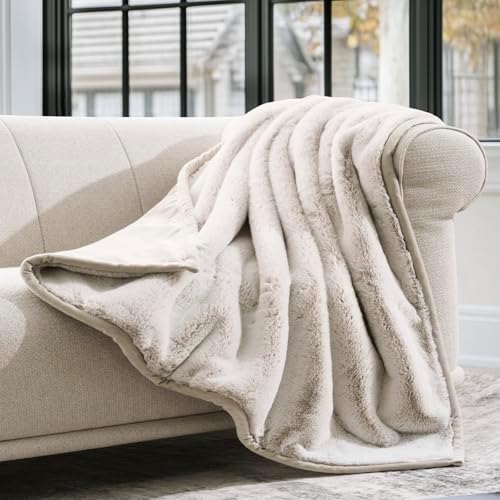 EVERGRACEHOME Mink Faux Fur Throw Blanket, Tipped Champagne Ivory